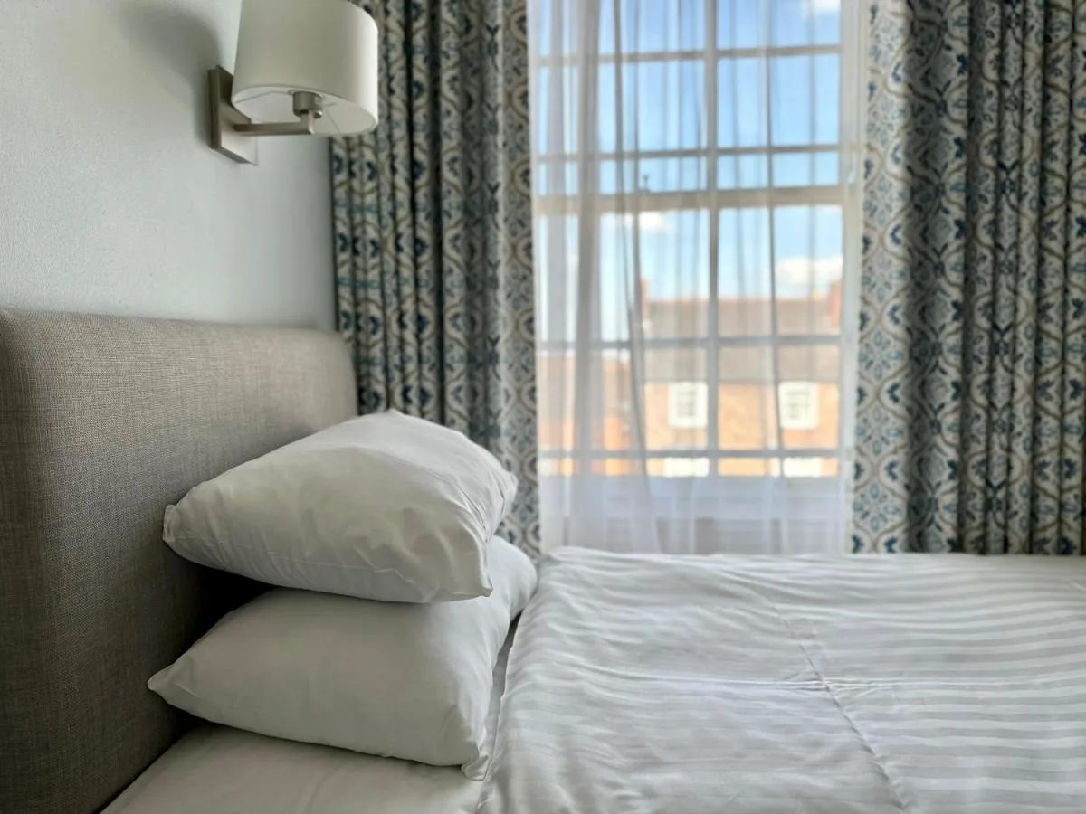 A bedroom with plump pillows and a bright window